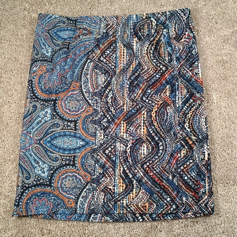 J Jill Abstract Multicolor Paisley Navy Blue Ponte Pencil Skirt Stretch Medium